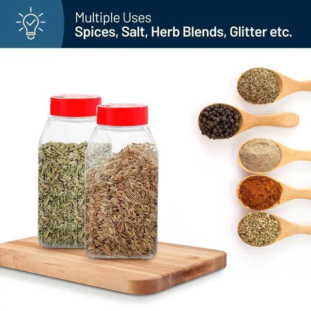 Alt view image 4 of 7 - 6 Pack 32 Oz Plastic Spice Jars with Red Cap, Clear and Safe Plastic Bottle Containers with Shaker Lids for Storing Spice, Herbs and Seasoning Powders, BPA Free, Made in USA