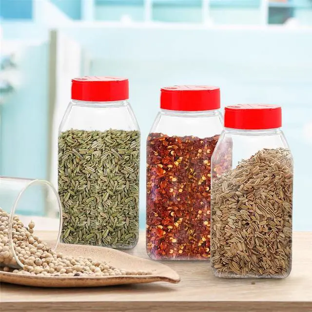 Alt view image 5 of 7 - 6 Pack 32 Oz Plastic Spice Jars with Red Cap, Clear and Safe Plastic Bottle Containers with Shaker Lids for Storing Spice, Herbs and Seasoning Powders, BPA Free, Made in USA