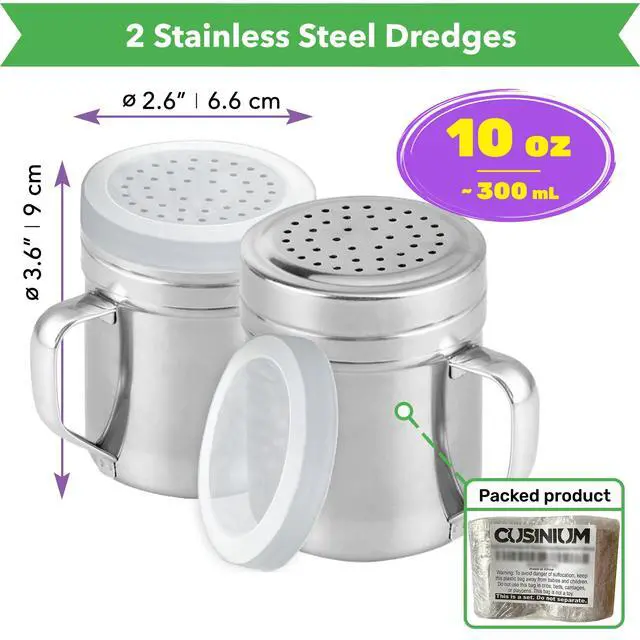 Alt view image 2 of 5 - Metal Salt Pepper Dredge Shakers - With Handle - Seasonings Spice Shakers With Holes and Lids - 10 Ounce, 2pcs | Style: Medium