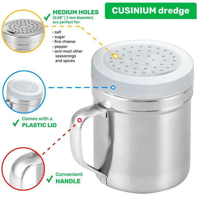Alt view image 3 of 5 - Metal Salt Pepper Dredge Shakers - With Handle - Seasonings Spice Shakers With Holes and Lids - 10 Ounce, 2pcs | Style: Medium