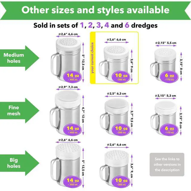 Alt view image 4 of 5 - Metal Salt Pepper Dredge Shakers - With Handle - Seasonings Spice Shakers With Holes and Lids - 10 Ounce, 2pcs | Style: Medium