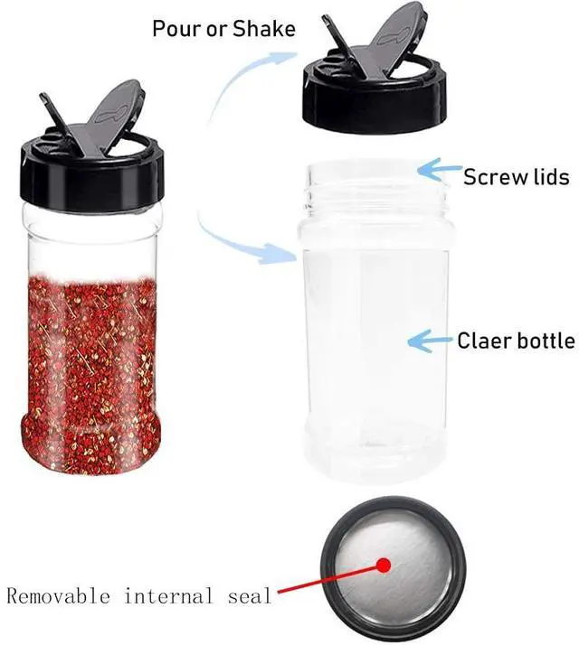 Alt view image 3 of 7 - 16 PCS 3.5oz Plastic Seasoning Containers with Black Screw Lids to Pour or Shake,Portable Empty Clear Spice Jars,Storage Seasoning Containers for Spice,Powders,Peppers
