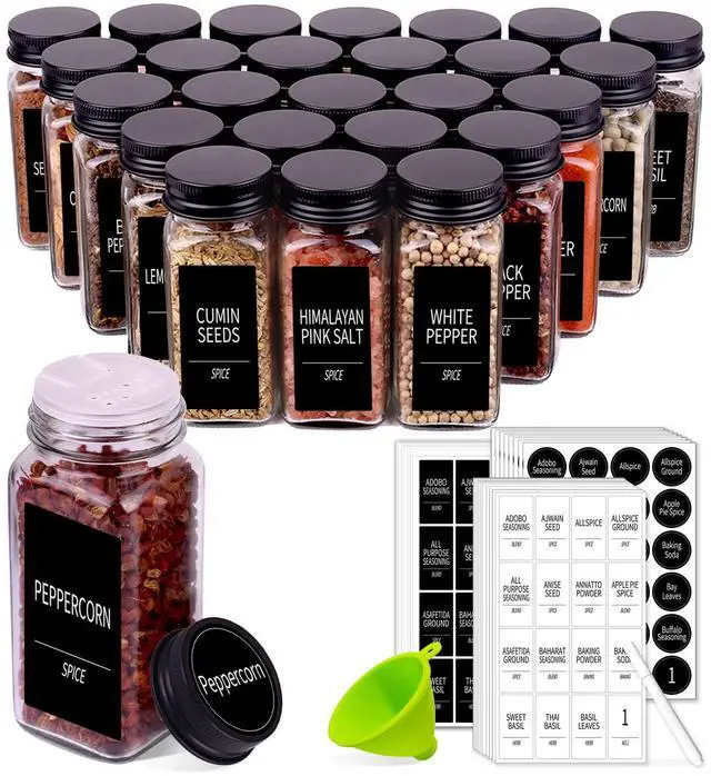 Main image of 25 Spice Jars with 547 Labels- Glass Spice Jars with Black Metal Caps, 4oz Empty Spice Containers with Shaker Lids, Funnel, Chalk Pen, Square Seasoning Bottles for Spice Rack, Drawer, Cabinet