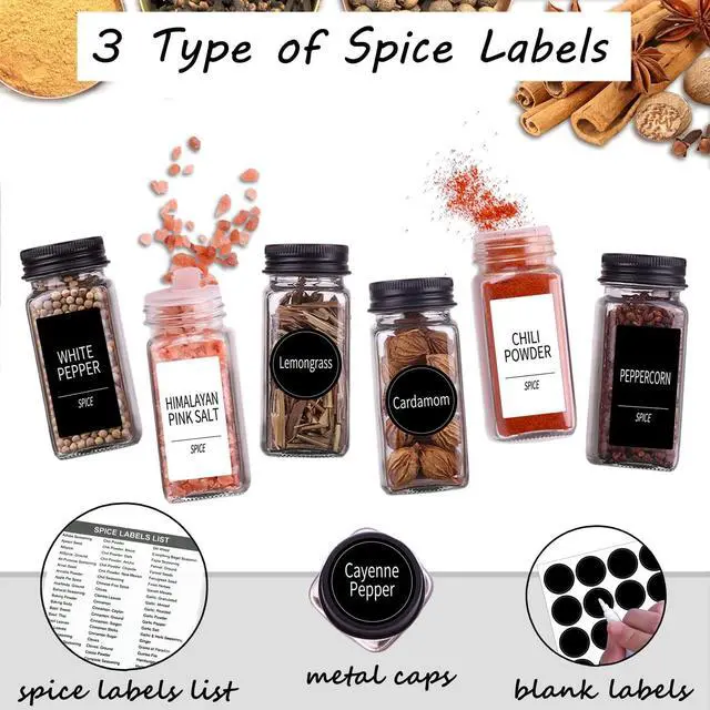 Alt view image 2 of 7 - 25 Spice Jars with 547 Labels- Glass Spice Jars with Black Metal Caps, 4oz Empty Spice Containers with Shaker Lids, Funnel, Chalk Pen, Square Seasoning Bottles for Spice Rack, Drawer, Cabinet