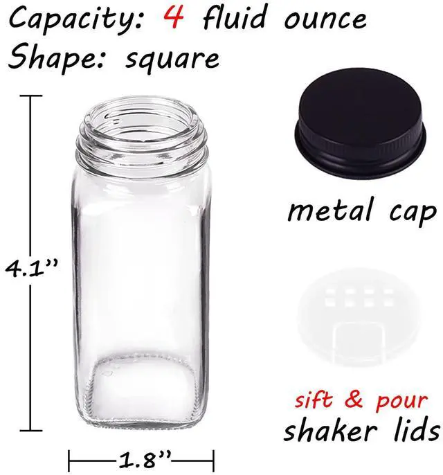 Alt view image 3 of 7 - 25 Spice Jars with 547 Labels- Glass Spice Jars with Black Metal Caps, 4oz Empty Spice Containers with Shaker Lids, Funnel, Chalk Pen, Square Seasoning Bottles for Spice Rack, Drawer, Cabinet