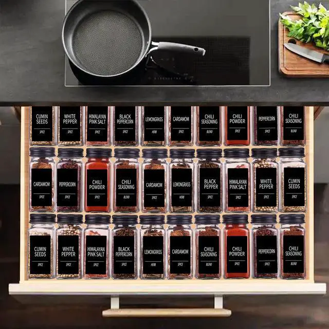 Alt view image 6 of 7 - 25 Spice Jars with 547 Labels- Glass Spice Jars with Black Metal Caps, 4oz Empty Spice Containers with Shaker Lids, Funnel, Chalk Pen, Square Seasoning Bottles for Spice Rack, Drawer, Cabinet