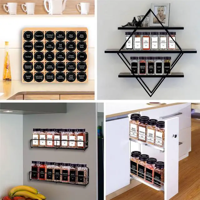 Alt view image 7 of 7 - 25 Spice Jars with 547 Labels- Glass Spice Jars with Black Metal Caps, 4oz Empty Spice Containers with Shaker Lids, Funnel, Chalk Pen, Square Seasoning Bottles for Spice Rack, Drawer, Cabinet