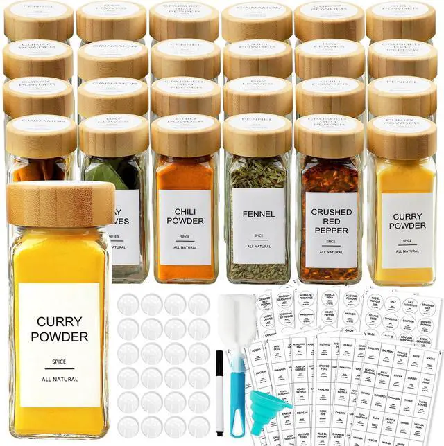 Main image of Glass Spice Jars with 398 Labels, 24 pcs 4oz Spice Containers with Bamboo Lids, Square Spice Bottles With Shaker Lids,Spice Organization for Cabinet,Drawer,Rack,Seasoning Organizer
