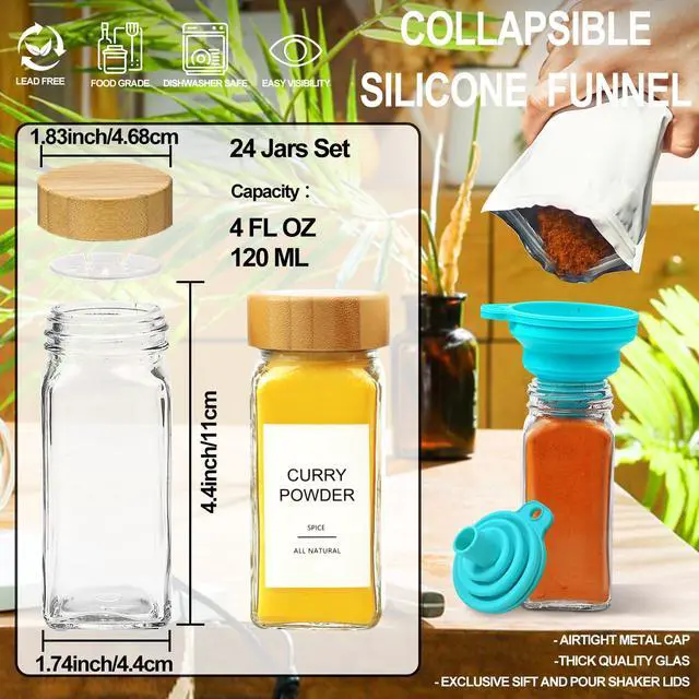 Alt view image 2 of 6 - Glass Spice Jars with 398 Labels, 24 pcs 4oz Spice Containers with Bamboo Lids, Square Spice Bottles With Shaker Lids,Spice Organization for Cabinet,Drawer,Rack,Seasoning Organizer