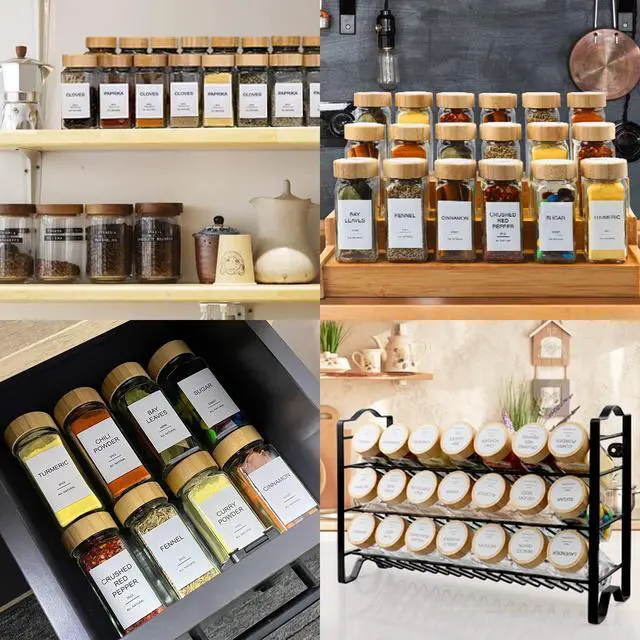 Alt view image 6 of 6 - Glass Spice Jars with 398 Labels, 24 pcs 4oz Spice Containers with Bamboo Lids, Square Spice Bottles With Shaker Lids,Spice Organization for Cabinet,Drawer,Rack,Seasoning Organizer