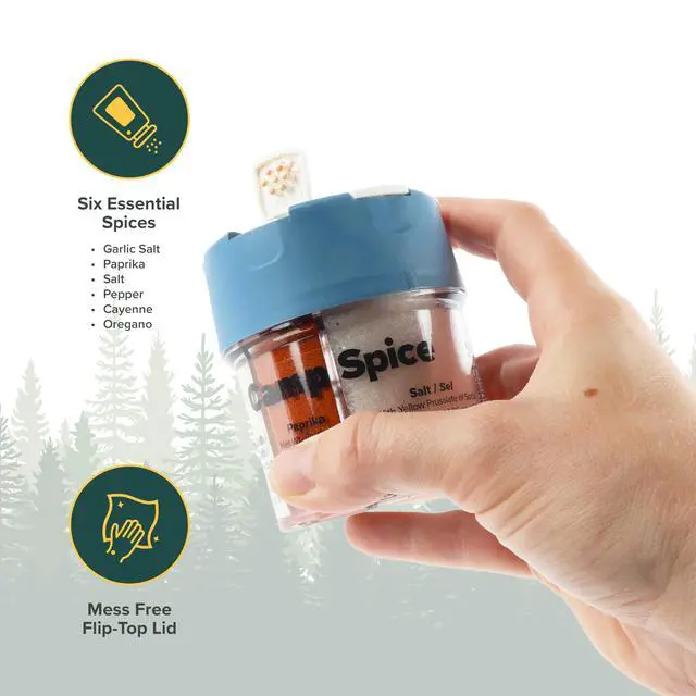 Alt view image 2 of 6 - Camp Spice 6-in-1 Spice Shaker with Cayenne, Oregano, Garlic Salt, Paprika, Salt & Black Pepper Compact Seasoning for Camping, BBQs, Travel, Home Kitchens Made in USA