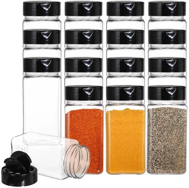 Main image of 16 Pack 9 oz Plastic Spice Jars with Black Cap, Plastic Spice Bottles Empty Seasoning Containers for Storing Spice, Herbs and Powders