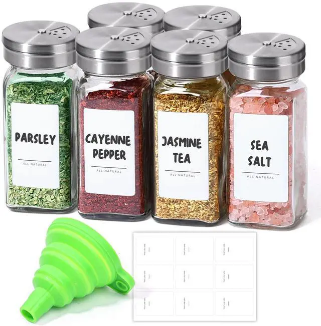 Main image of Glass Spice Jars with Shaker Lids 4 oz 6 Pack Square | Labels, Seasoning Herbs Powders, Salt Pepper Chili, Spice Rack Organization, Kitchen Cabinet Storage, Funnel Included