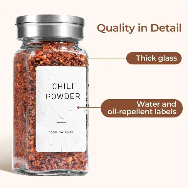 Alt view image 6 of 7 - Glass Spice Jars with Shaker Lids 4 oz 6 Pack Square | Labels, Seasoning Herbs Powders, Salt Pepper Chili, Spice Rack Organization, Kitchen Cabinet Storage, Funnel Included