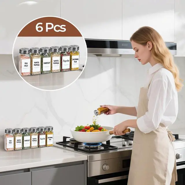 Alt view image 7 of 7 - Glass Spice Jars with Shaker Lids 4 oz 6 Pack Square | Labels, Seasoning Herbs Powders, Salt Pepper Chili, Spice Rack Organization, Kitchen Cabinet Storage, Funnel Included