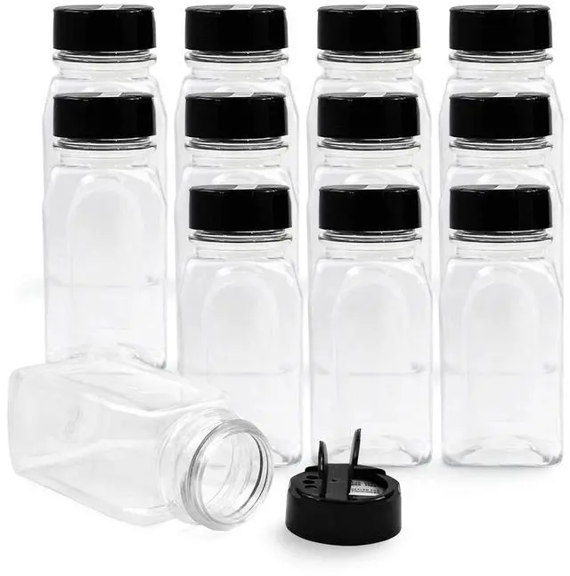 Main image of 12 Pack 9.5 Oz Plastic Spice Jars with Black Cap, Clear and Safe Plastic Bottle Containers with Shaker Lids for Storing Spice, Herbs and Seasoning Powders, BPA Free, Made in USA