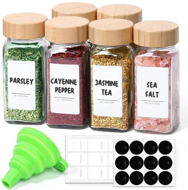 Main image of Glass Spice Jars with with Labels 4 oz 6 Pack Small Bamboo Lids
