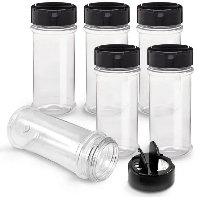 Main image of 6 Pack 5.5 Oz Plastic Spice Jars with Black Cap, Clear and Safe Plastic Bottle Containers with Shaker Lids for Storing Spice, Herbs and Seasoning Powders, BPA Free, Made in USA