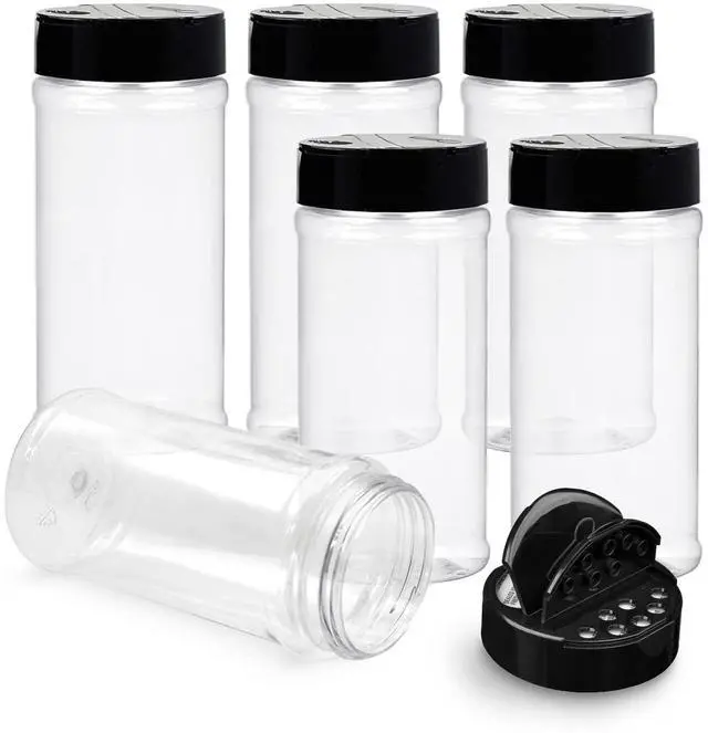 Main image of 6 Pack 16 Oz Plastic Spice Jars with Black Cap, Clear and Safe Plastic Bottle Containers with Shaker Lids for Storing Spice, Herbs and Seasoning Powders, BPA Free, Made in USA
