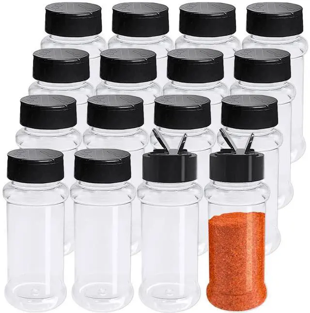 Main image of 16 Pack 3.4oz/100ml Plastic Spice Bottles Set,Empty Seasoning Containers with Black Cap,Clear Reusable Containers Jars for Spice,Herbs,Powders,Glitters