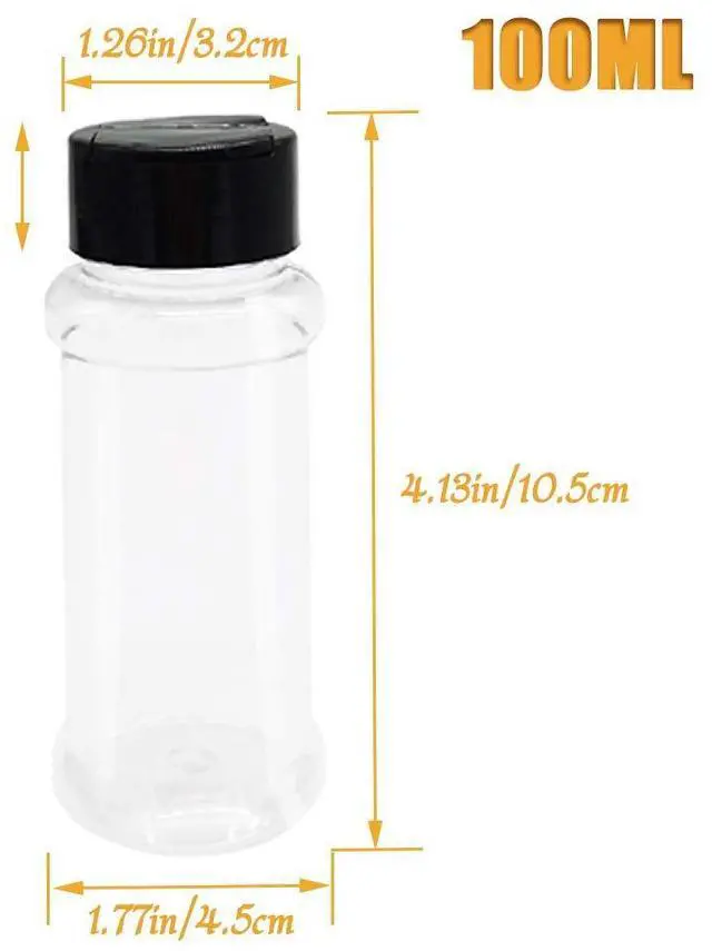 Alt view image 3 of 7 - 16 Pack 3.4oz/100ml Plastic Spice Bottles Set,Empty Seasoning Containers with Black Cap,Clear Reusable Containers Jars for Spice,Herbs,Powders,Glitters