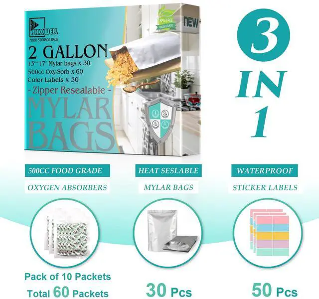Alt view image 2 of 7 - 30pcs 2 Gallon Mylar Bags for Food Storage (15 Mil Extra Thick) with Oxygen Absorbers 400CC (60 pcs), Stand-Up Zipper Pouches Resealable and Heat Sealable Bags for Long Term Food Storage(13"x17")