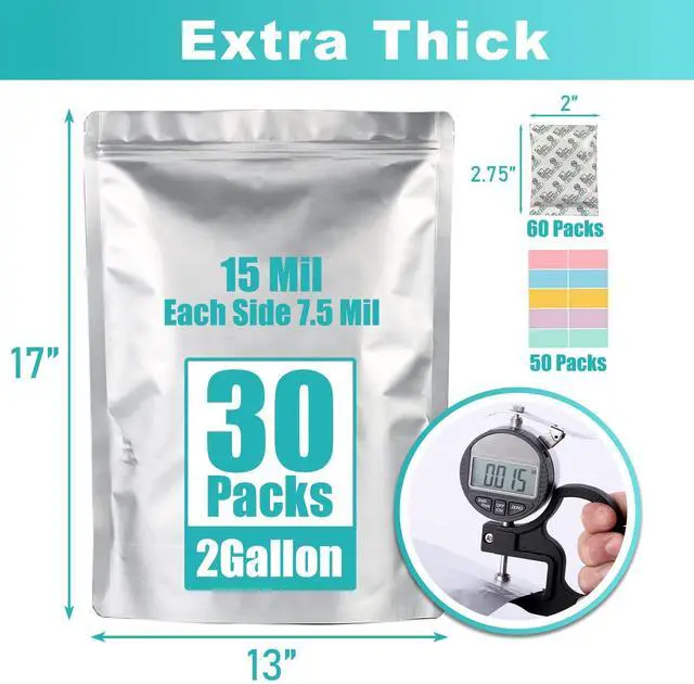 Alt view image 3 of 7 - 30pcs 2 Gallon Mylar Bags for Food Storage (15 Mil Extra Thick) with Oxygen Absorbers 400CC (60 pcs), Stand-Up Zipper Pouches Resealable and Heat Sealable Bags for Long Term Food Storage(13"x17")