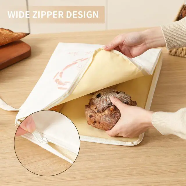 Alt view image 4 of 7 - Premium Beeswax Bread Bags for Sourdough with Wide Zipper Access, 2 Pack XL(13x17in) Reusable Organic Beeswax-Coated Linen Cotton Bread Bags for Homemade Bread, Keeps Bread Fresh Naturally