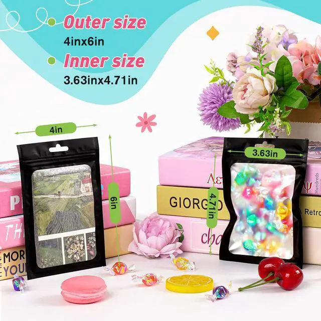 Alt view image 2 of 6 - 300 Pack Smell Proof Resealable Bags for Food Storage,Mylar Clear Bags 4x6 Black Packaging Bag- Edibles,Odorless Scent Proof Bag for Cookies, Zip Foil Pouch for Small Business, trading card