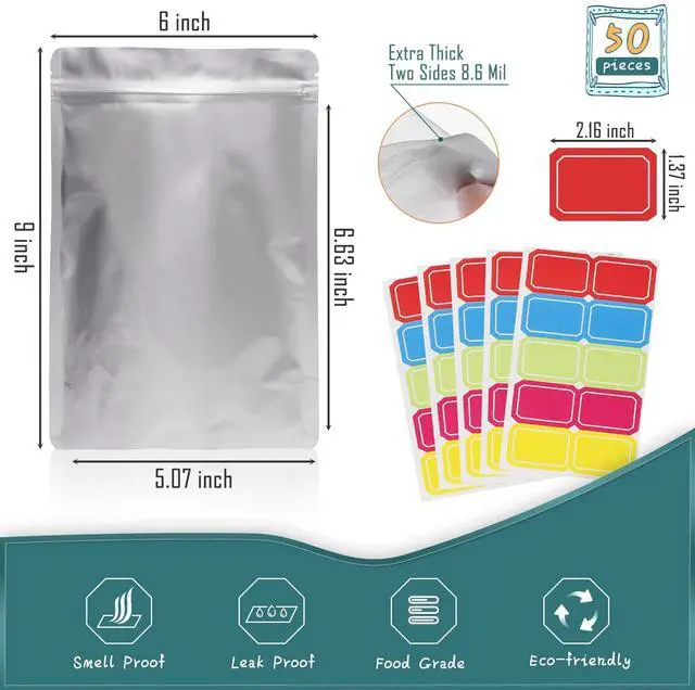 Alt view image 2 of 6 - 1 Quart Mylar Bags for Food Storage 50 Pcs, 7x10" Resealable Pouch