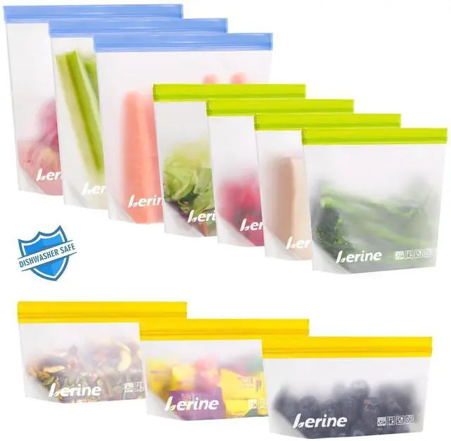 Main image of 10 Pack Stand-Up Reusable Freezer Bags, Leakproof Dishwasher Safe Food Storage Bags, BPA Free Reusable Gallon Bags for Marinating, Meal Prep (Multicolor, 3 Gallon 4 Sandwich 3 Snack)