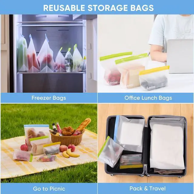Alt view image 6 of 6 - 10 Pack Stand-Up Reusable Freezer Bags, Leakproof Dishwasher Safe Food Storage Bags, BPA Free Reusable Gallon Bags for Marinating, Meal Prep (Multicolor, 3 Gallon 4 Sandwich 3 Snack)