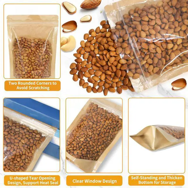 Alt view image 2 of 7 - 100 PCS Resealable Bags, Stand Up Kraft Bags with Window Clear Front Pouches, Zipper Lock Food Storage Bags 4.7×7.8 Inch Reusable Sealable Bags for Packaging