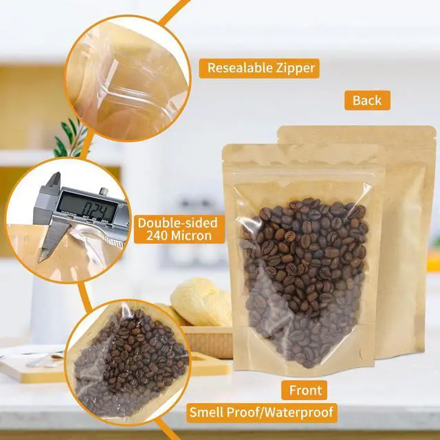 Alt view image 3 of 7 - 100 PCS Resealable Bags, Stand Up Kraft Bags with Window Clear Front Pouches, Zipper Lock Food Storage Bags 4.7×7.8 Inch Reusable Sealable Bags for Packaging