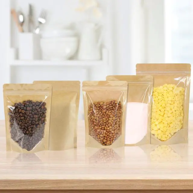 Alt view image 7 of 7 - 100 PCS Resealable Bags, Stand Up Kraft Bags with Window Clear Front Pouches, Zipper Lock Food Storage Bags 4.7×7.8 Inch Reusable Sealable Bags for Packaging