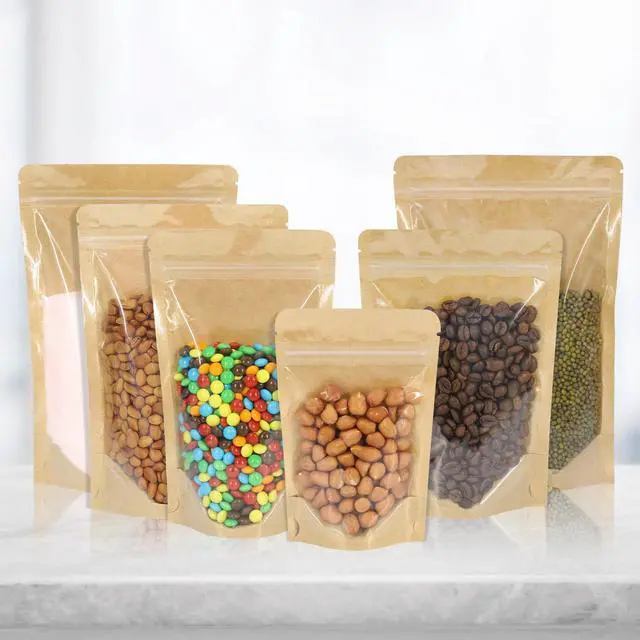 Alt view image 6 of 7 - 100 PCS Resealable Bags, Stand Up Kraft Bags with Window Clear Front Pouches, Zipper Lock Food Storage Bags 4.7×7.8 Inch Reusable Sealable Bags for Packaging