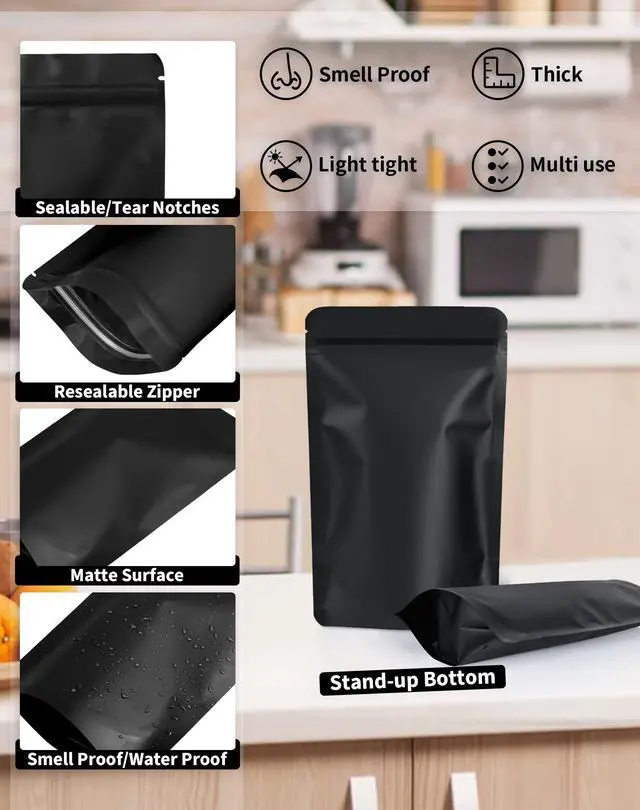 Alt view image 3 of 7 - 100 Pack Resealable Stand Up Bags,Smell Proof Pouch Sealable Foil Pouch Bags for Packaging (Black, 3.5" x 5.1")