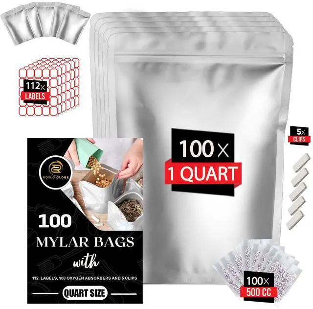 Main image of 100pcs Quart Mylar Bags with 100 x 500cc Oxygen Absorbers-112 Labels & 10 MIL Thick Stand-Up Reusable Airtight Resealable Bags with 5 Clips - Large Mylar Bags For Food Storage
