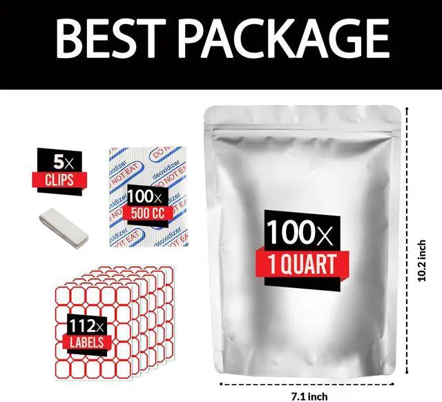 Alt view image 2 of 6 - 100pcs Quart Mylar Bags with 100 x 500cc Oxygen Absorbers-112 Labels & 10 MIL Thick Stand-Up Reusable Airtight Resealable Bags with 5 Clips - Large Mylar Bags For Food Storage