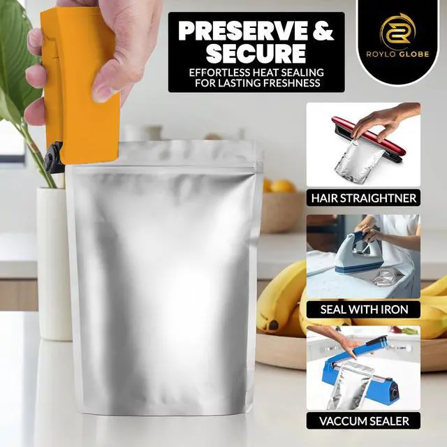 Alt view image 4 of 6 - 100pcs Quart Mylar Bags with 100 x 500cc Oxygen Absorbers-112 Labels & 10 MIL Thick Stand-Up Reusable Airtight Resealable Bags with 5 Clips - Large Mylar Bags For Food Storage