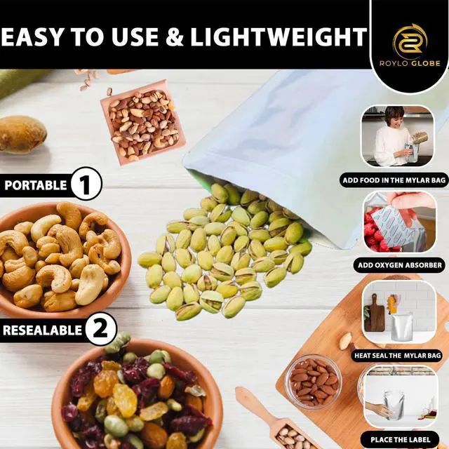 Alt view image 5 of 6 - 100pcs Quart Mylar Bags with 100 x 500cc Oxygen Absorbers-112 Labels & 10 MIL Thick Stand-Up Reusable Airtight Resealable Bags with 5 Clips - Large Mylar Bags For Food Storage