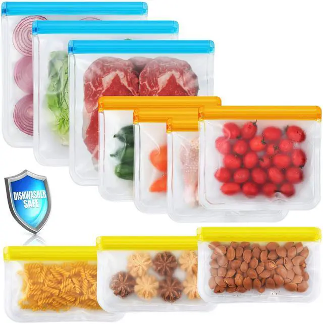 Main image of 10 Pack Dishwasher Safe Reusable Bags, Leakproof Reusable Freezer Bags, BPA Free Food Storage Bags for Lunch Marinate Food Travel - 3 Gallon 3 Snack 4 Sandwich Bags