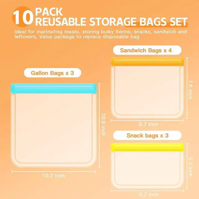 Alt view image 6 of 7 - 10 Pack Dishwasher Safe Reusable Bags, Leakproof Reusable Freezer Bags, BPA Free Food Storage Bags for Lunch Marinate Food Travel - 3 Gallon 3 Snack 4 Sandwich Bags