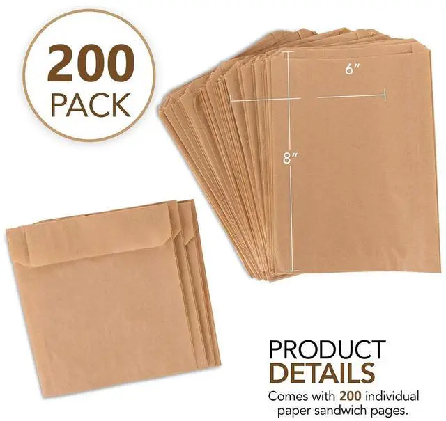 Alt view image 2 of 6 - Paper Sandwich Bags Kraft Brown (200 Pack), Food Grade Unbleached Kraft Paper for Bakery, Cookies, Treats, Snacks, Sandwiches