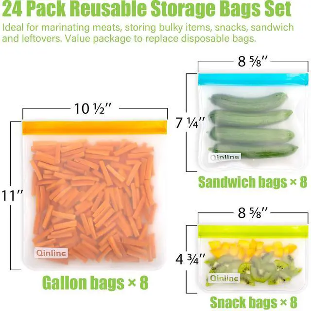 Alt view image 3 of 7 - Reusable Food Storage Bags - 24 Pack Freezer Extra Thick Leakproof Lunch Bag - 8 Gallon 8 Sandwich 8 Snack Bags
