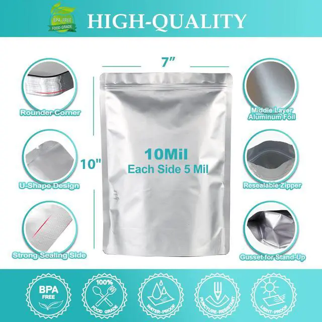 Alt view image 2 of 7 - 50pcs 1 Quart Mylar Bags for Food Storage, 7"x10" 10 Mil Stand-Up Zipper Pouches Resealable and Heat Sealable for Long Term Food Storage(7"x10", Extra Thick)