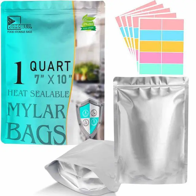 Main image of 50pcs 1 Quart Mylar Bags for Food Storage, 7"x10" 10 Mil Stand-Up Zipper Pouches Resealable and Heat Sealable for Long Term Food Storage(7"x10", Extra Thick)
