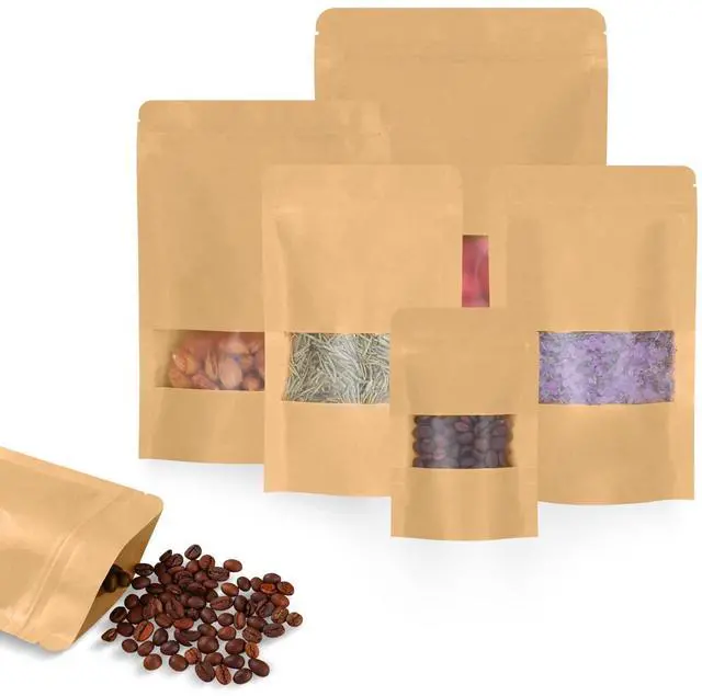 Alt view image 2 of 7 - 100pcs Kraft Bags with Window 3.5x5.5 Inches Brown Reusable Sealable Zip Lock Food Storage Stand up Paper Pouches for Home or Business