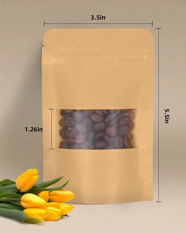 Alt view image 3 of 7 - 100pcs Kraft Bags with Window 3.5x5.5 Inches Brown Reusable Sealable Zip Lock Food Storage Stand up Paper Pouches for Home or Business