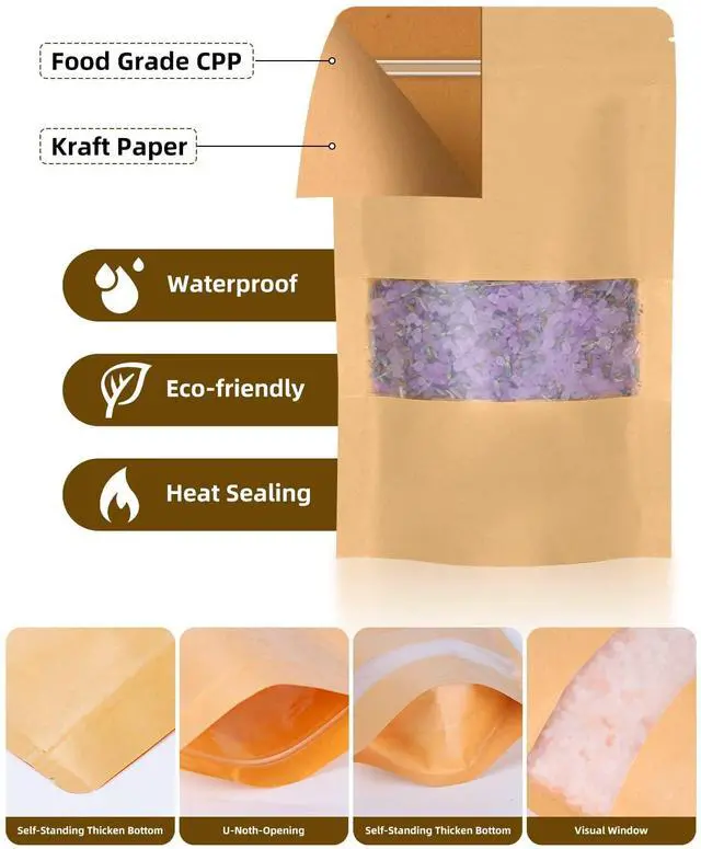 Alt view image 4 of 7 - 100pcs Kraft Bags with Window 3.5x5.5 Inches Brown Reusable Sealable Zip Lock Food Storage Stand up Paper Pouches for Home or Business